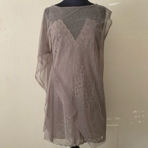 BCBG MaxAzria Runway taupe lace mesh draped dress